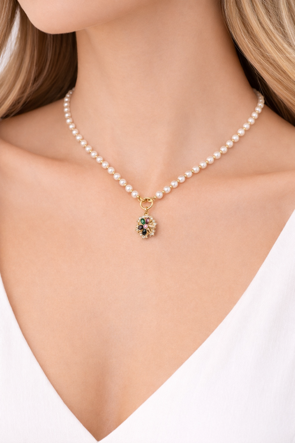 Perlenkette mit bunter Blume